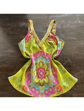 y2k 100% silk paisley green gold top new without tags